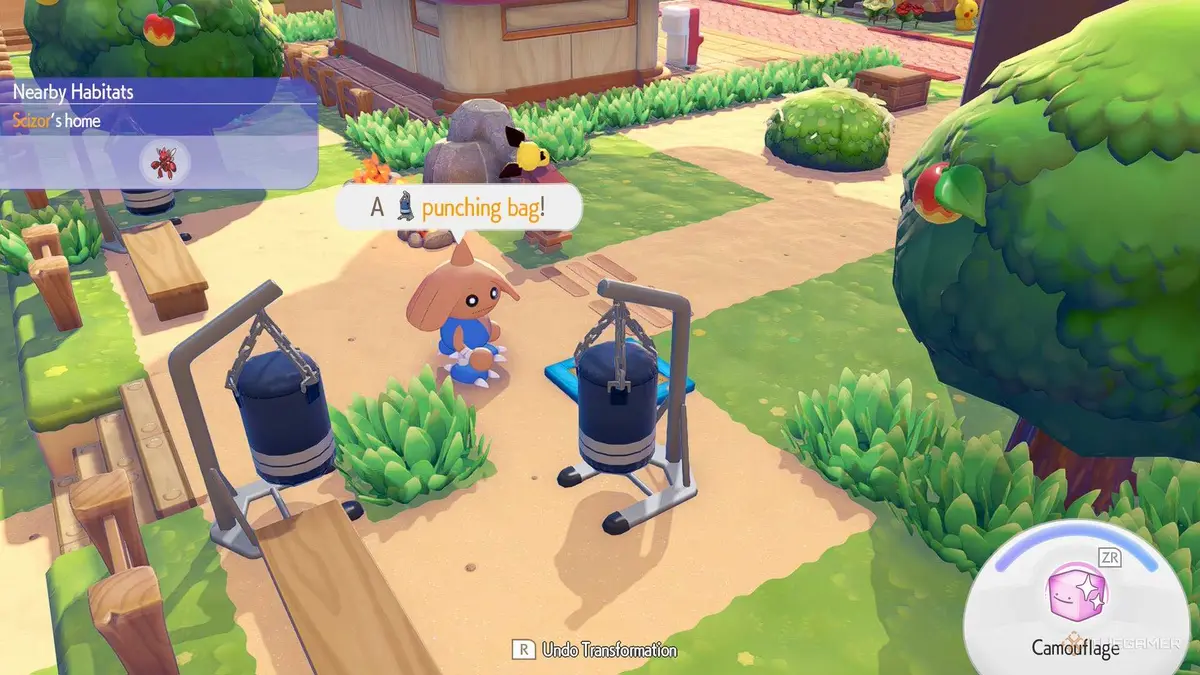 Ditto disguised as a punching bag near Hitmontop in Pokemon Pokopia.