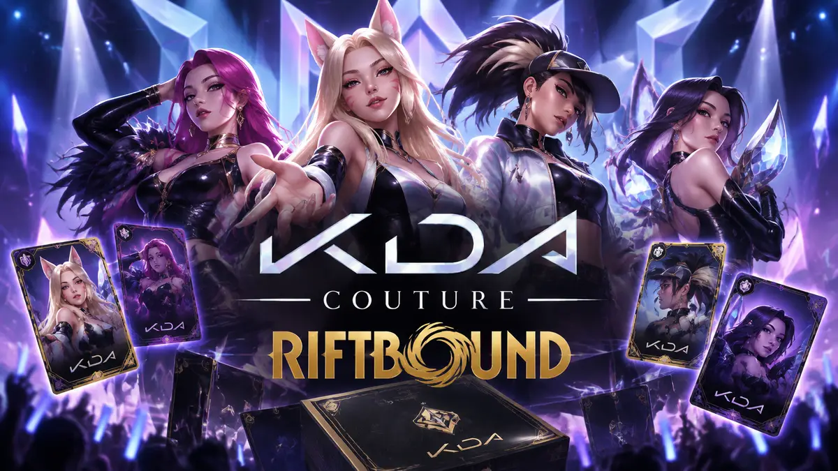 Ари, Эвелинн, Акали и Кай'Са из K/DA на сцене в неоне, карты Riftbound и логотип K/DA Couture
