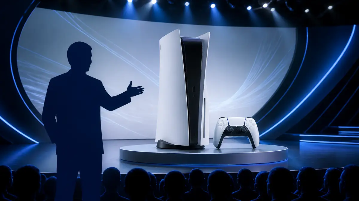 Консоль PlayStation и логотип бренда на презентации