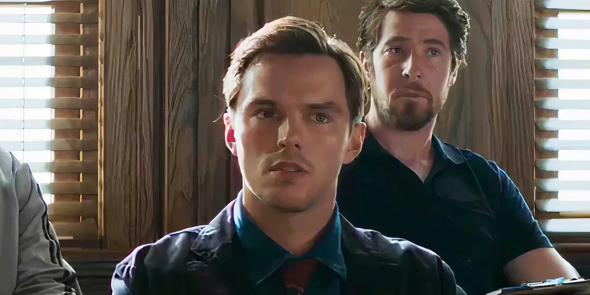 Nicholas Hoult sitting in the juror box in Juror #2