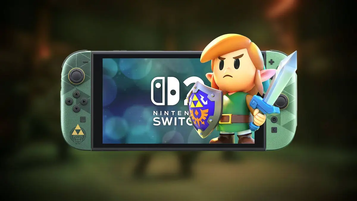A green Zelda-themed Nintendo Switch 2 displays the Switch 2 logo while a cartoon Link holding a sword and Hylian Shield appears to step out of the screen.