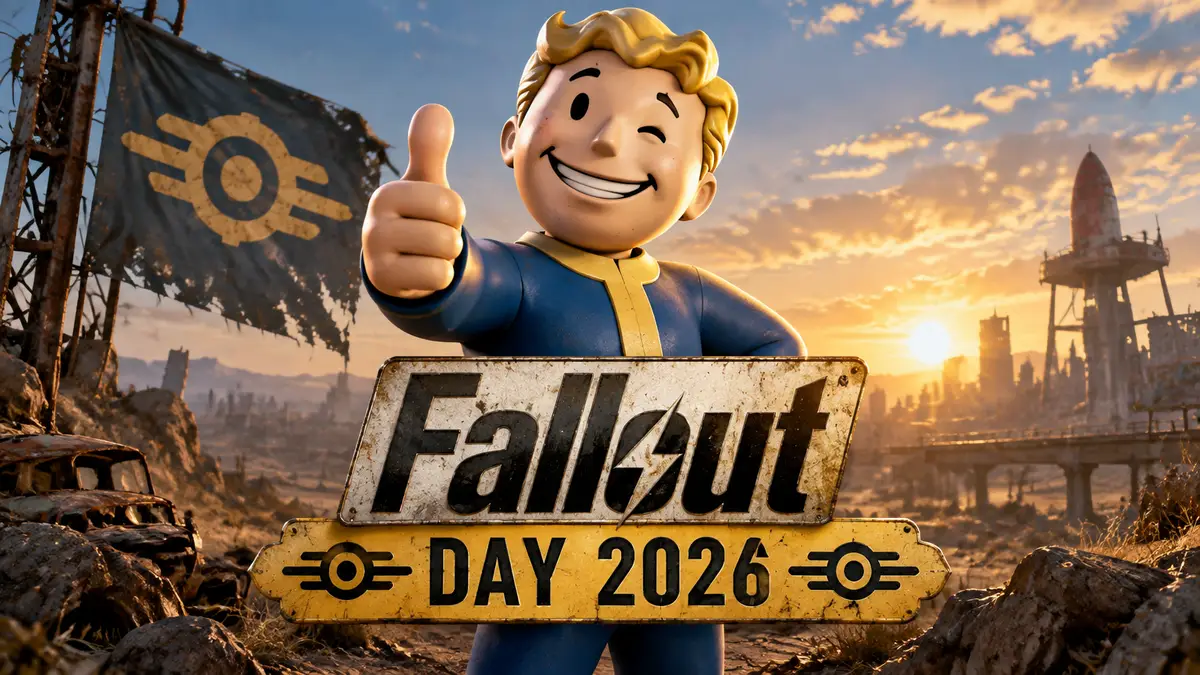 Волт-бой с поднятым большим пальцем на фоне пустошей и логотипа Fallout, праздник Fallout Day 2026