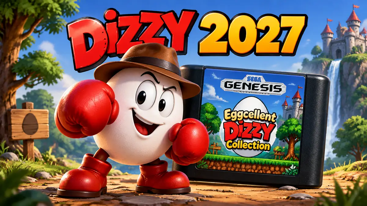 Яйцо Dizzy в боксёрских перчатках на фоне картриджа Sega Genesis с логотипом Eggcellent Dizzy Collection