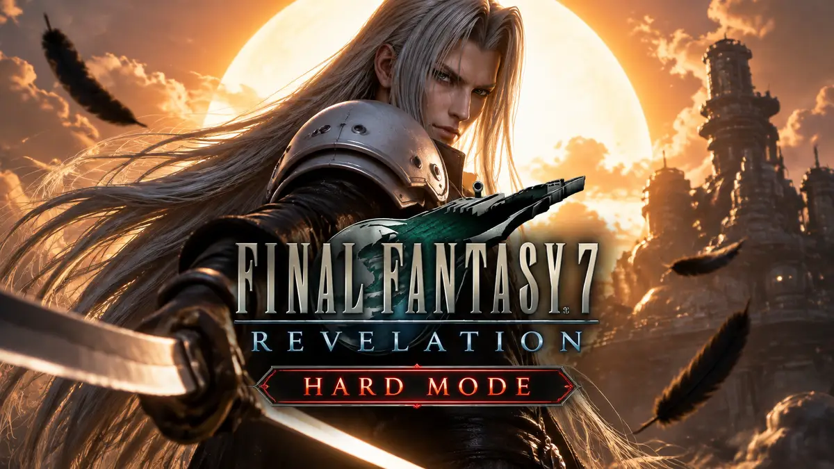 Сефирот на фоне слепящего солнца, постер Final Fantasy 7 Revelation с логотипом игры и сложным режимом