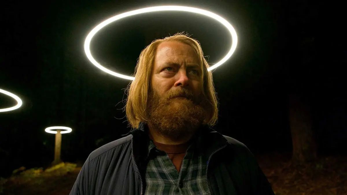 Forest (Nick Offerman) with a halo style light above his head in Devs