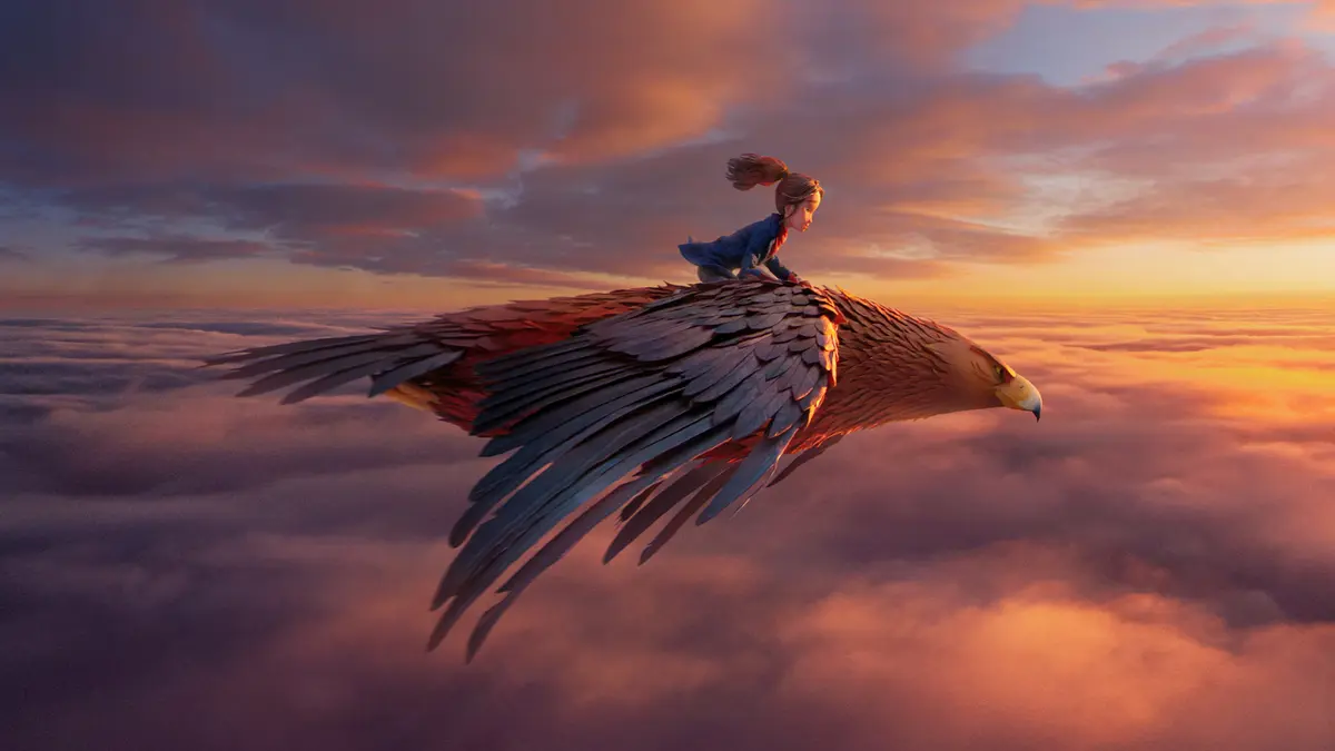 An image of a girl riding a giant bird above the clouds with a sunset glow in the background in "Wildwood"
