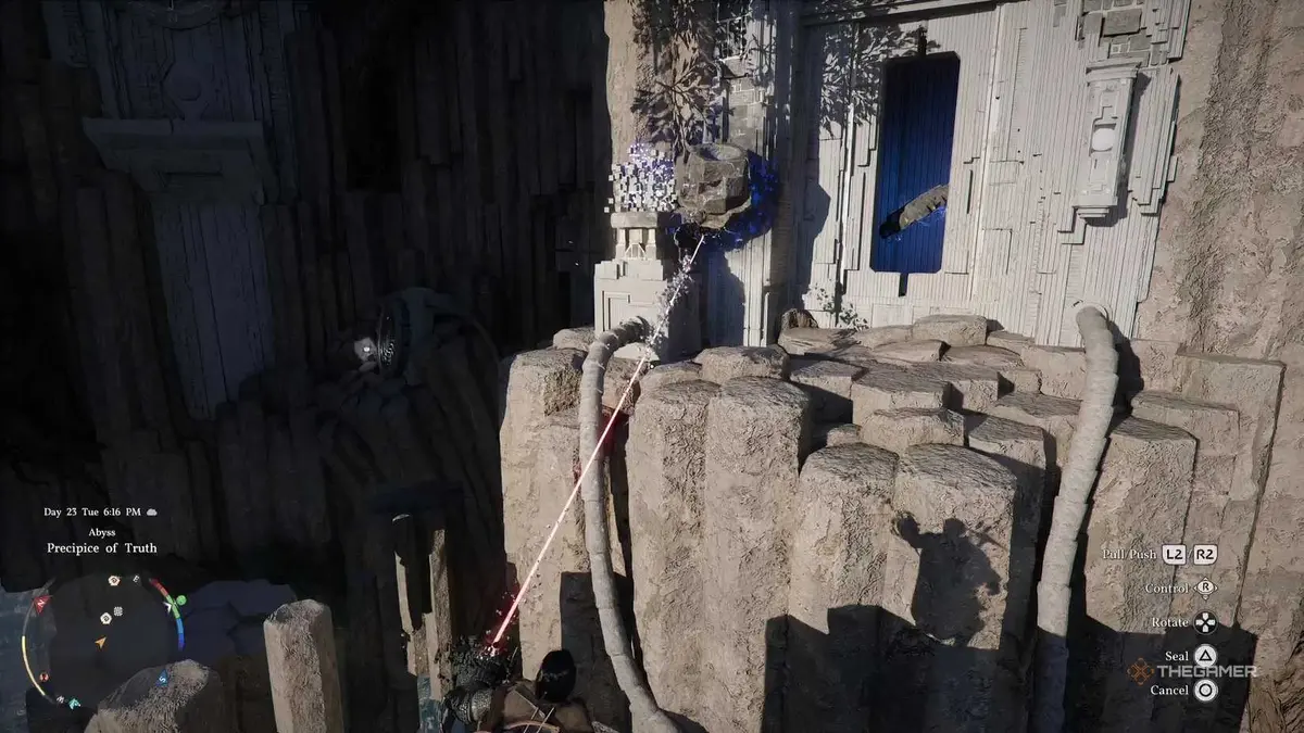 Kliff using Abyss Cube to solve next part of puzzle during during the Precipice of Truth mission in Crimson Desert.