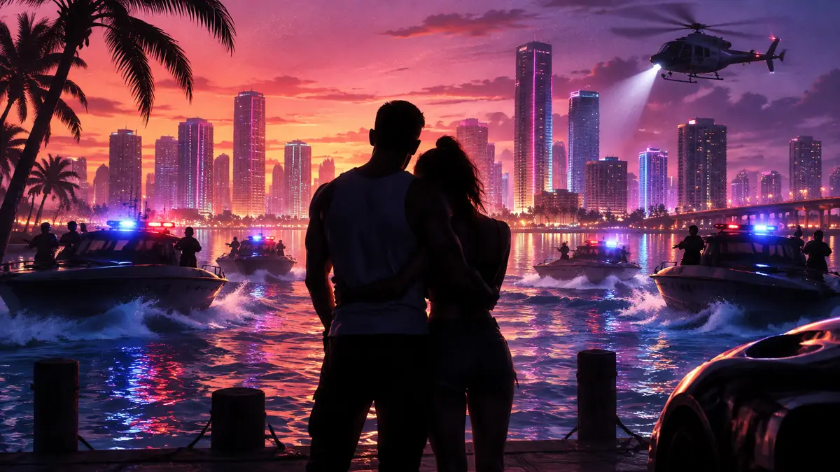 Джейсон и Лусия из GTA 6 обнимаются у воды в окружении полицейских катеров и вертолёта, неоновый Вайс-Сити