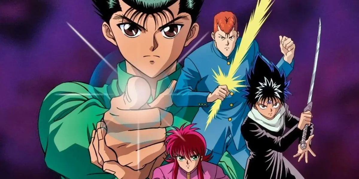 Yu Yu Hakusho anime series key visual featuring the main cast standing together against a purple background.