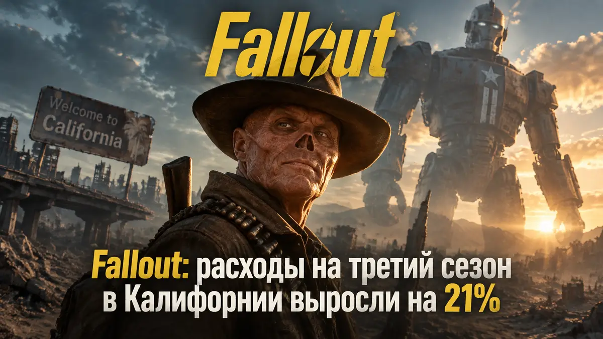 Гуль из сериала Fallout на фоне гигантского робота Liberty Prime и пустошей, логотип Fallout сверху