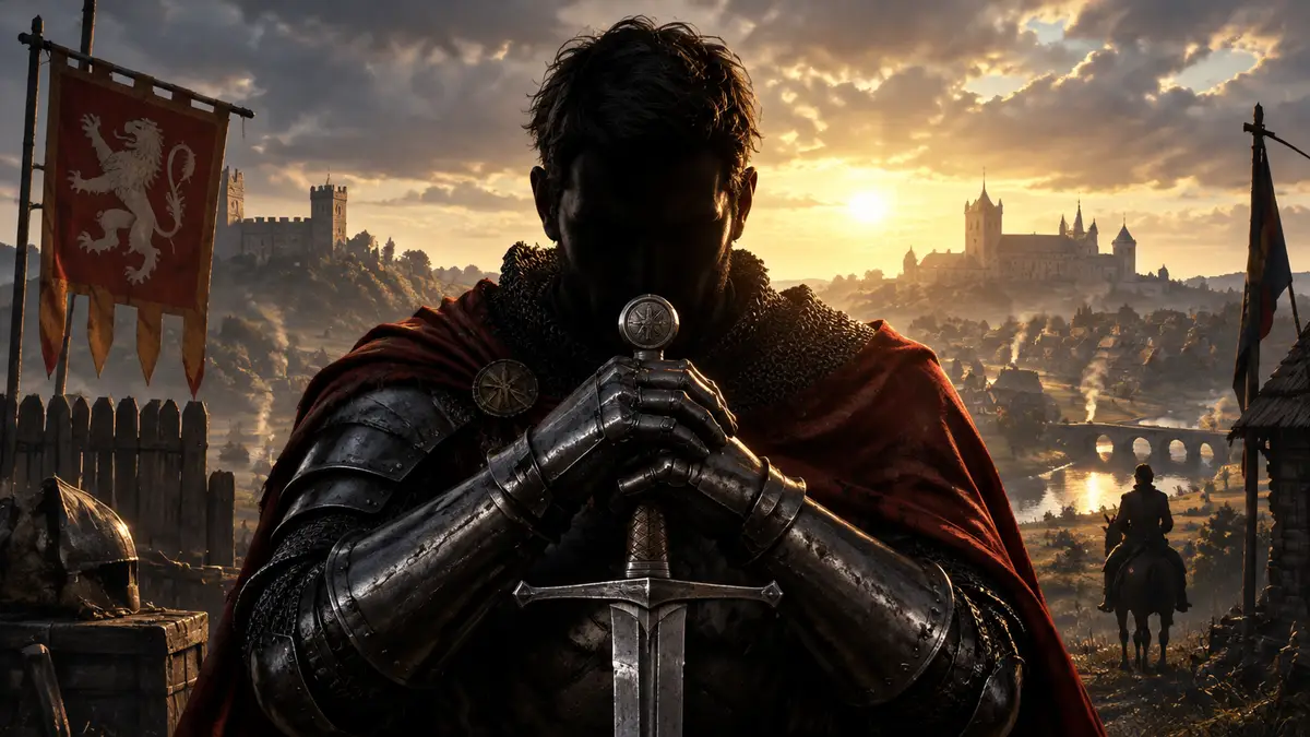 Средневековый герой Kingdom Come Deliverance крупным планом в стиле постера игры