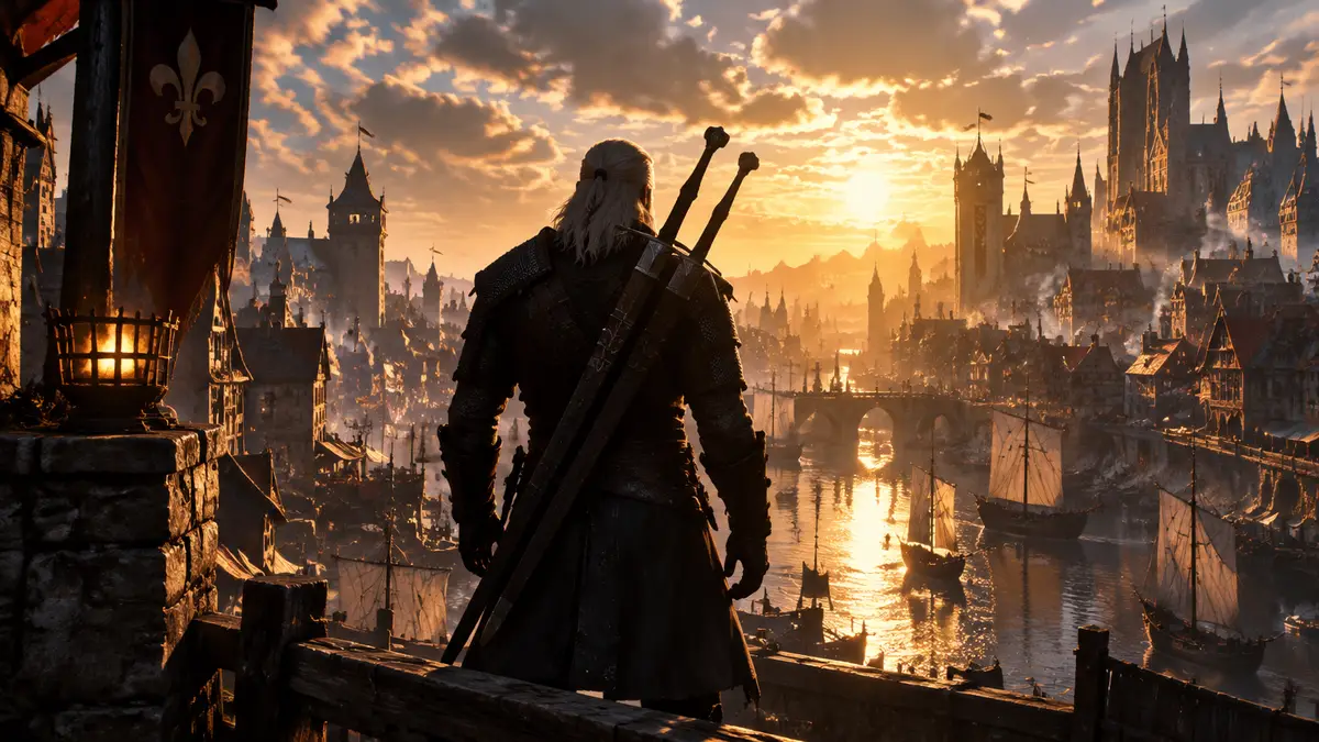 Геральт из The Witcher 3 на фоне Новиграда, залитого реалистичным светом трассировки пути, ключевой арт мода