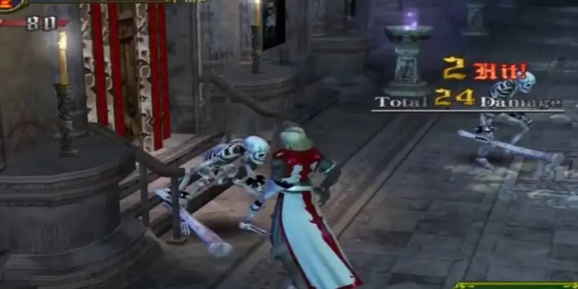 Castlevania Lament of Innocence Gameplay as Leon fights a skeleton