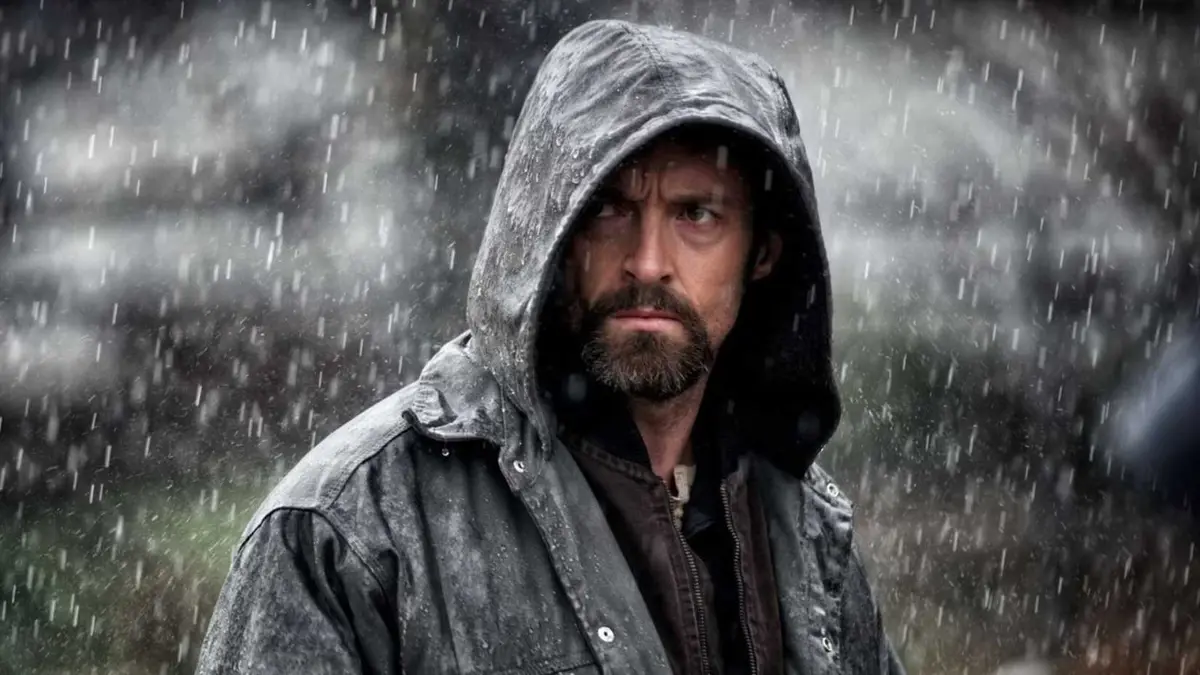 Hugh Jackman as Keller Dover standing in the rain in Prisoners