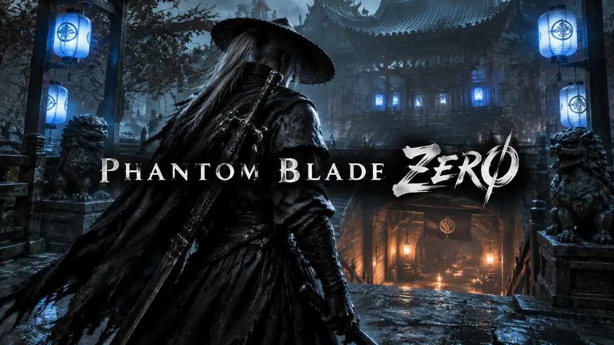 Воин в стилистике экшена Phantom Blade Zero во внутреннем дворе с синими фонарями