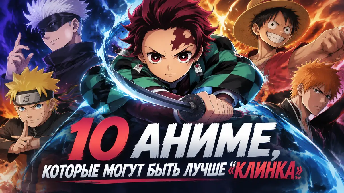 Танджиро из аниме «Клинок, рассекающий демонов» с катаной в центре на фоне героев других сёнэнов