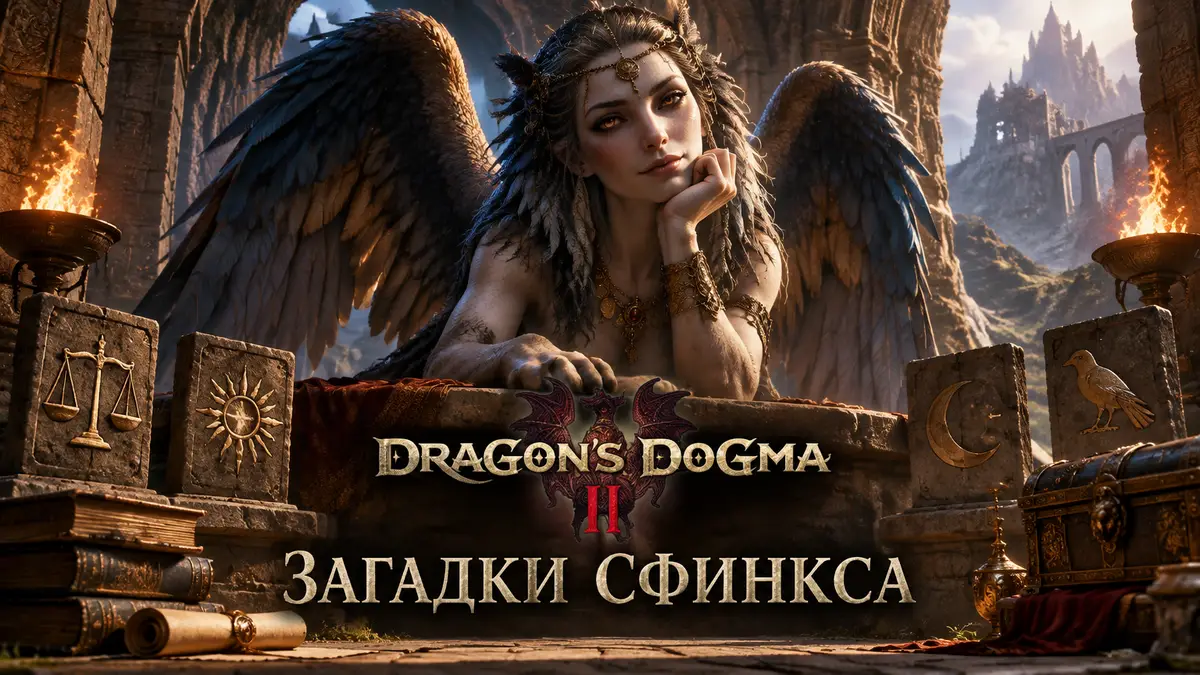 Сфинкс из Dragon's Dogma 2 с крыльями восседает в каменном святилище, загадки сфинкса, логотип игры