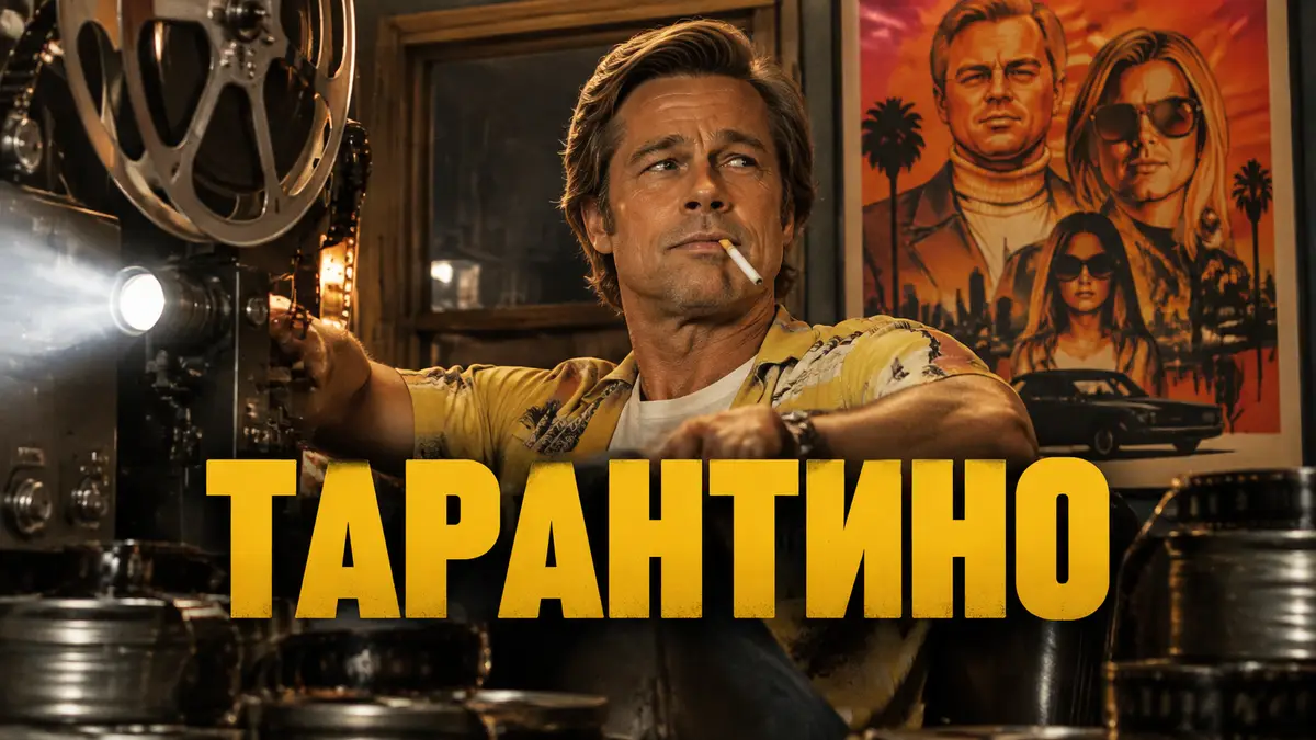 Брэд Питт в образе Клиффа Бута в будке киномеханика кинотеатра 1977 года, постер фильма Тарантино