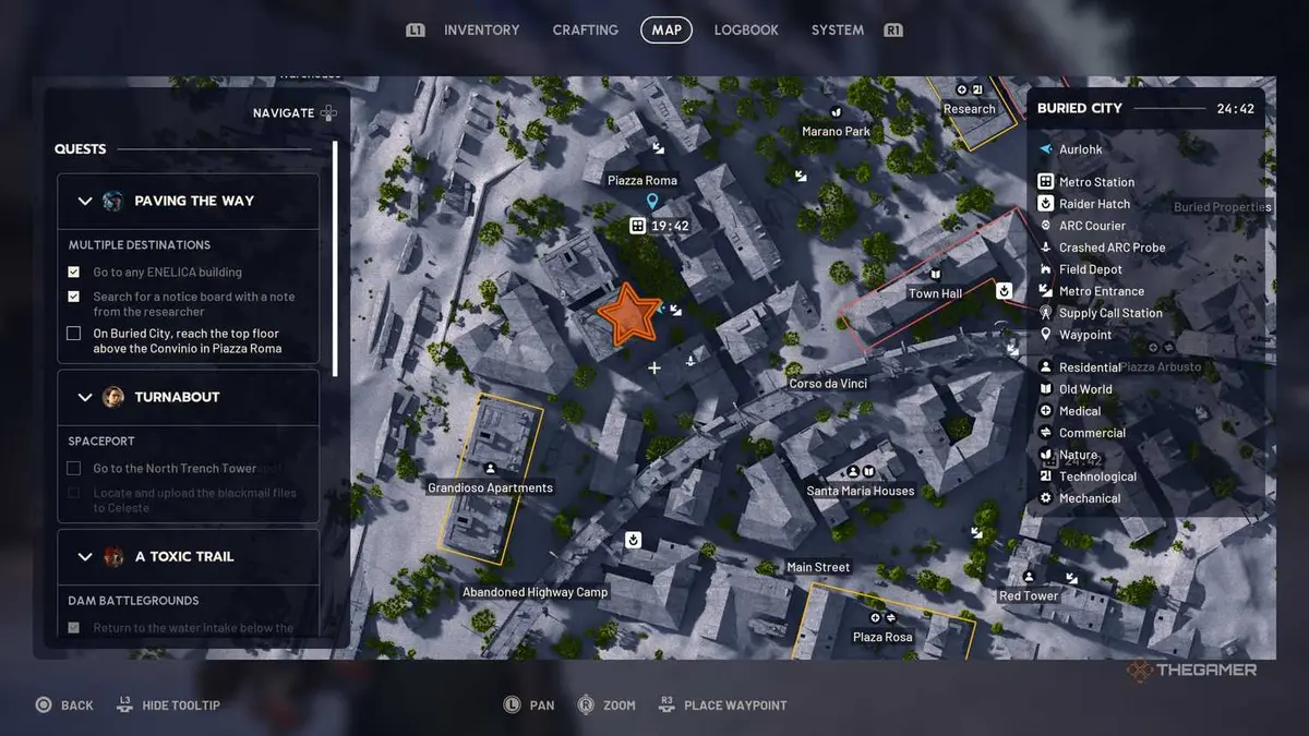 Close up of the Buried City map with an orange star edited onto the Convinio's location in Arc Raiders.