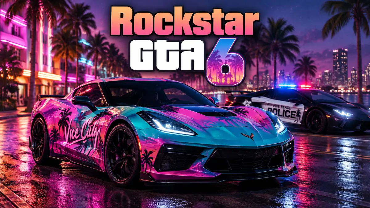 Спорткар Coquette в неоновой оклейке Vice City на ночной улице Майами, постер в стиле GTA 6
