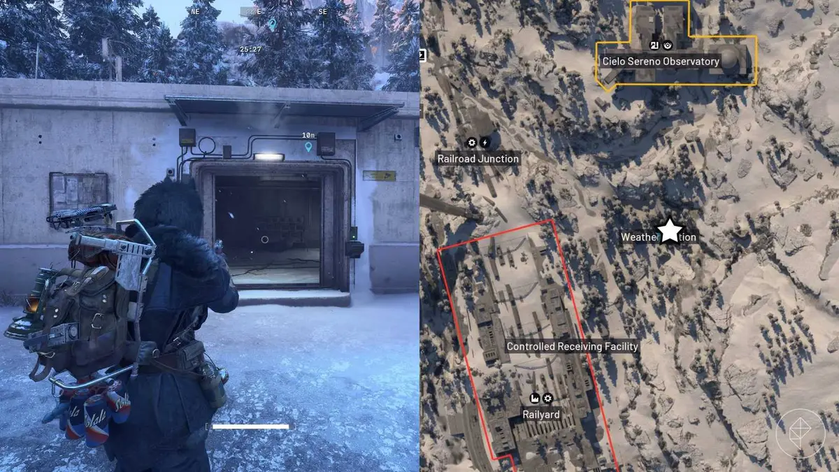 The left-hand side of the image shows the player in Arc Raiders standing in front of the nomad recording while the right-hand side shows the location marked on the in-game map with a star.