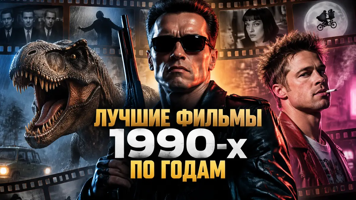 Коллаж-постер лучших фильмов 1990-х: T-800, тираннозавр и Тайлер Дёрден на фоне кинопленки 90-х