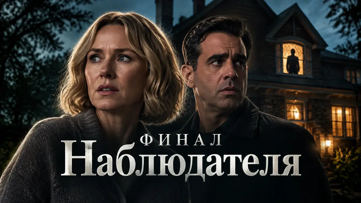 Наоми Уоттс и Бобби Каннавале у мрачного дома в сериале «Наблюдатель», в окне силуэт незнакомца