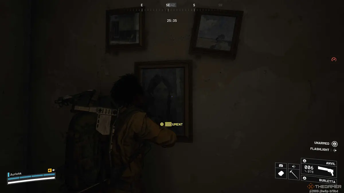 Player character taking a picture of three portraits in a pharmacist's apartment in Arc Raiders.