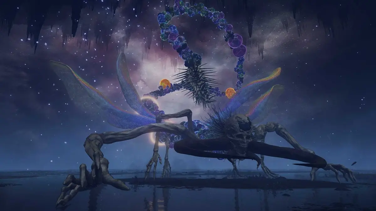 Astel from elden rin gin a blue nighttime scene