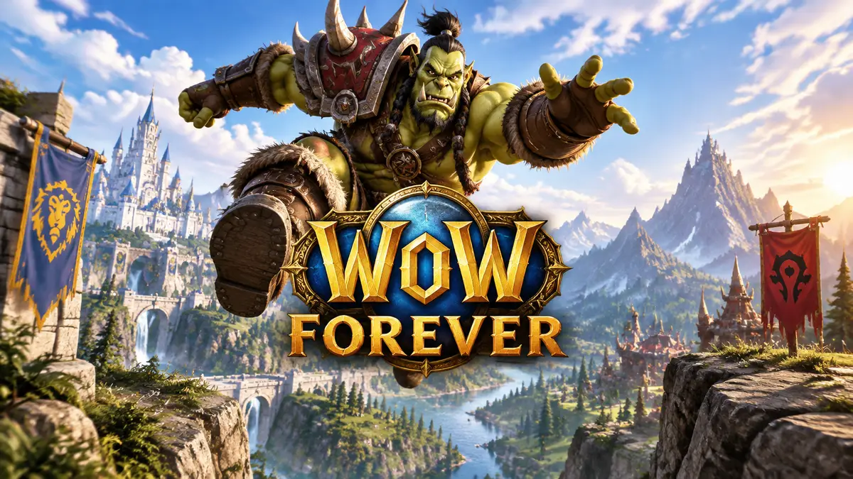 Герой World of Warcraft Forever в прыжке на фоне яркого фэнтезийного пейзажа