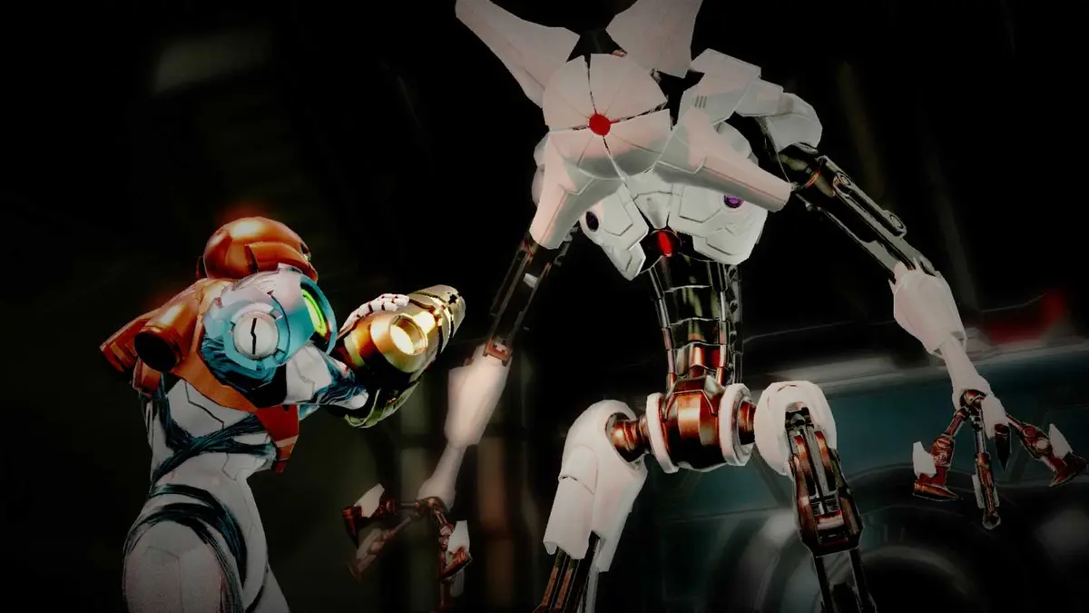 Samus Aran takes aim at an EMMI in Metroid Dread