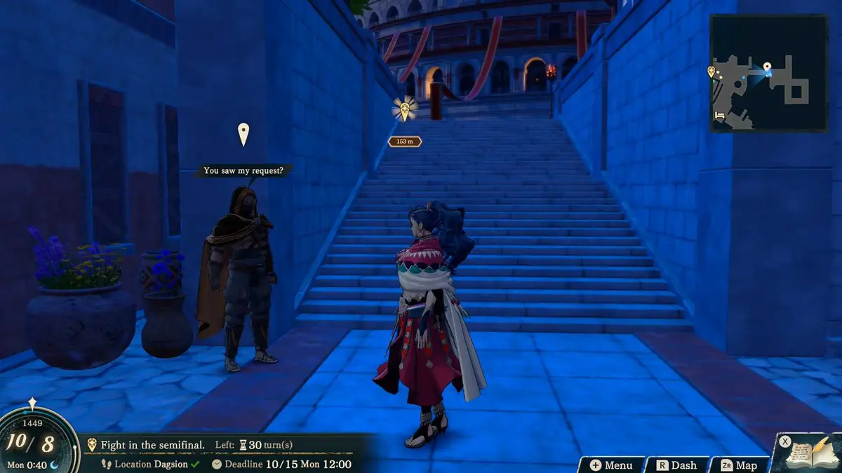 Leda speaking with the DLC weapon quest giver in Fire Emblem Fortune's Weave
