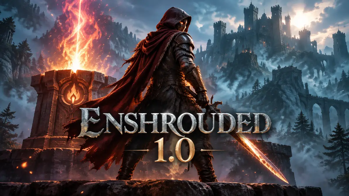 Воин Flameborn из Enshrouded с мечом у пылающего алтаря пламени на фоне замка, окутанного туманом скверны