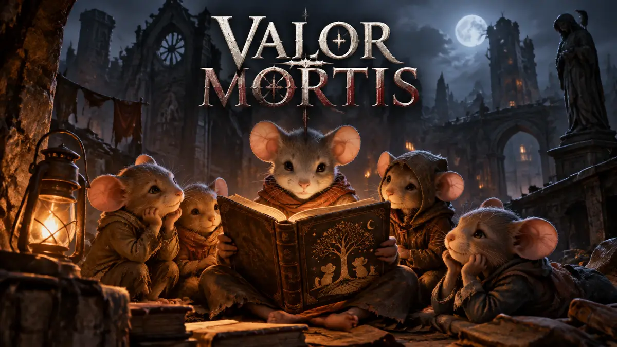 Дети Mice слушают сказку из старой книги в разрушенном City of Orphans, логотип Valor Mortis