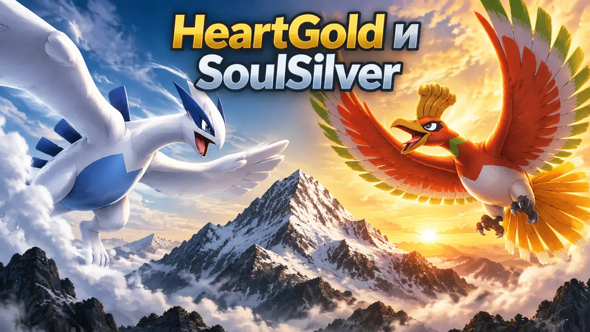 Lugia и Ho-Oh парят над горой Mt. Silver, постер в стиле Pokémon HeartGold и SoulSilver