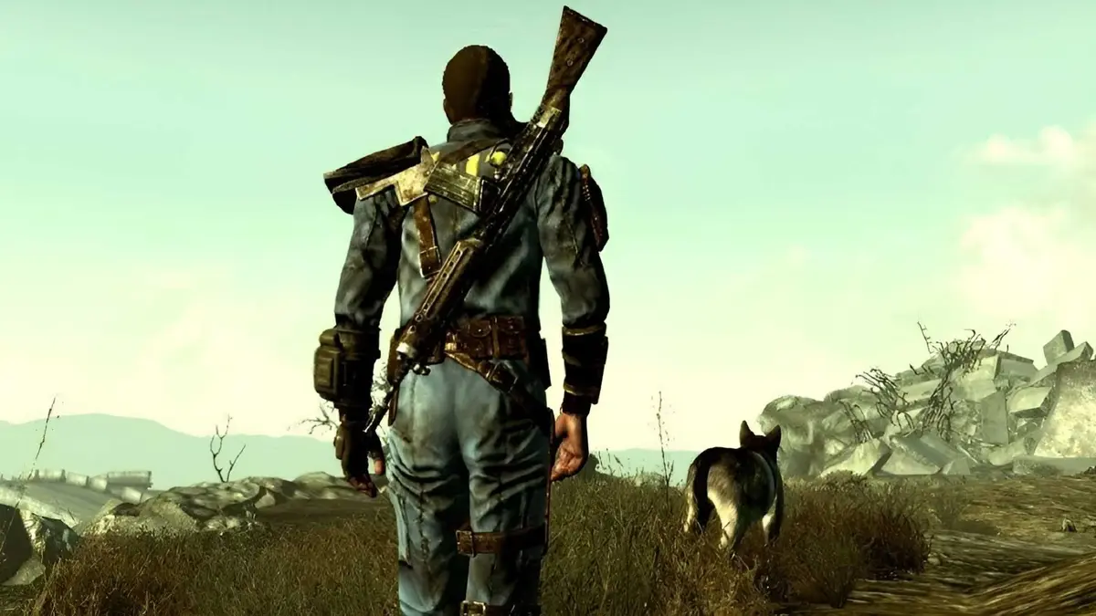 fallout 3 character walking through the wasteland with a dog