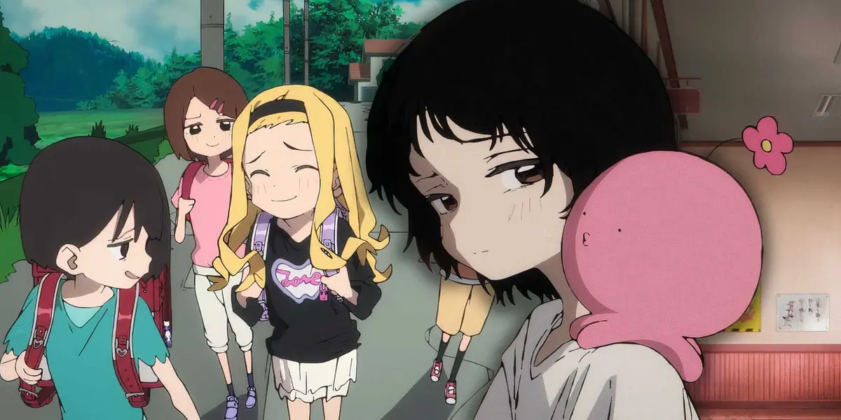 Takopi's Original Sin Shizuka Kuze beside image of Marina Kirarazaka walking with friends