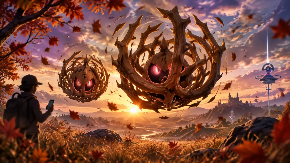 Bramblin и Brambleghast, призрачные перекати-поле, парят над осенней равниной в стиле Pokémon Go