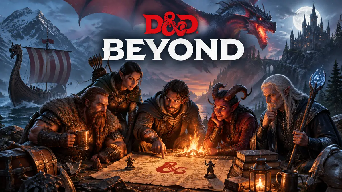 Отряд героев Dungeons & Dragons у костра с картой D&D Beyond, драконом и северным кораблём на фоне