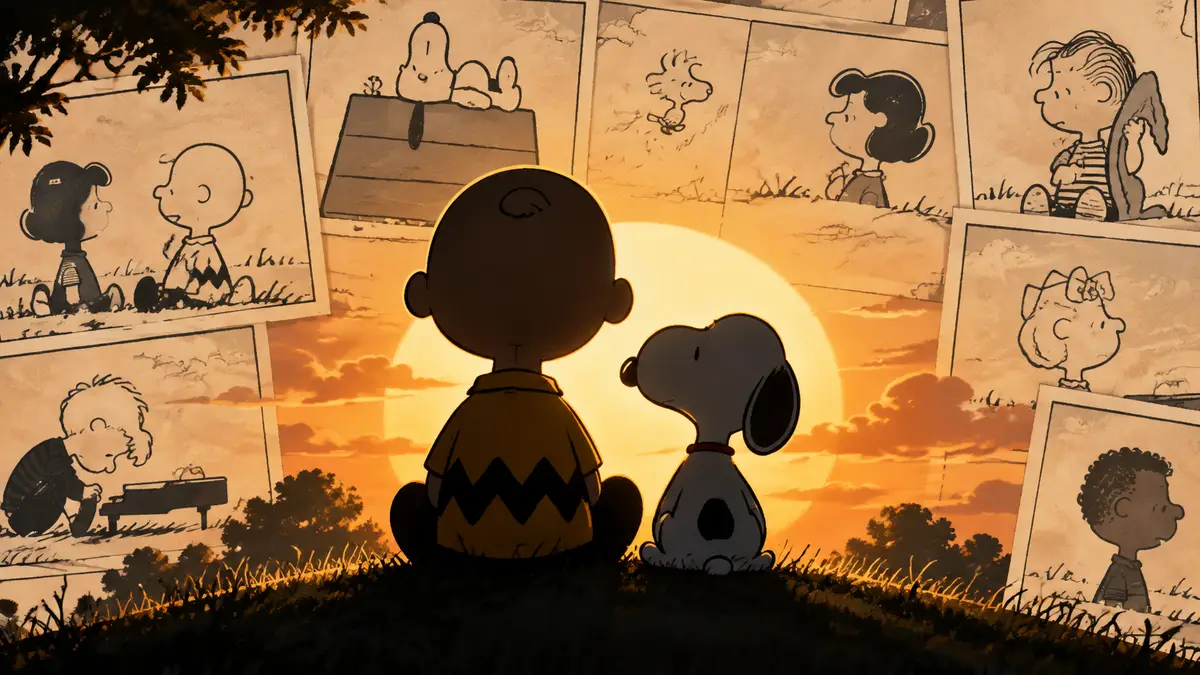 Чарли Браун и Снупи в центре на фоне страниц комикса Peanuts в узнаваемом стиле Чарльза Шульца