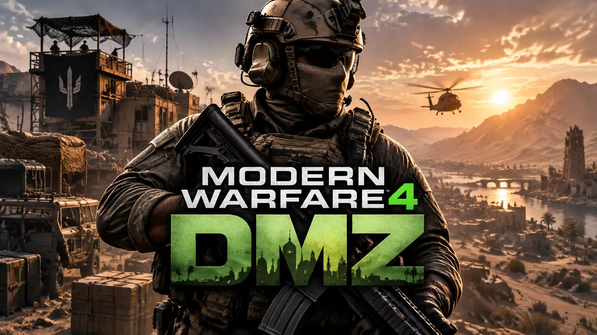 Оперативник Modern Warfare 4 DMZ в тактическом снаряжении на фоне базы FOB и пустынного Hajin