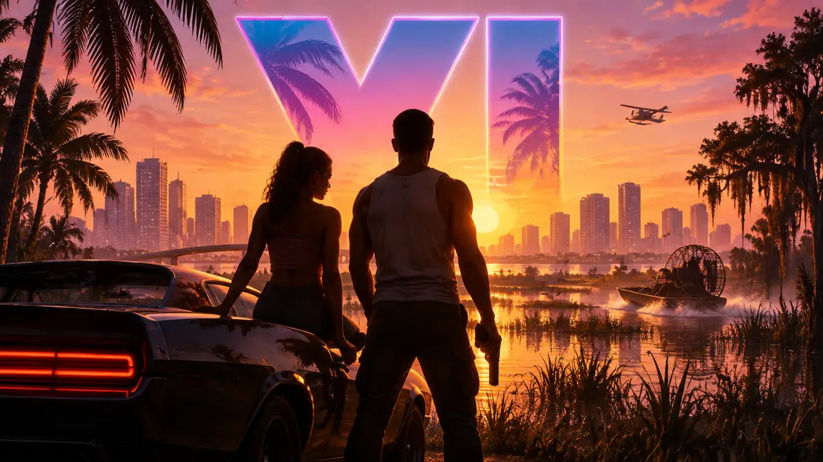 Джейсон и Лусия из GTA 6 на фоне солнечного штата Леонида с пальмами и болотами, логотип Grand Theft Auto VI