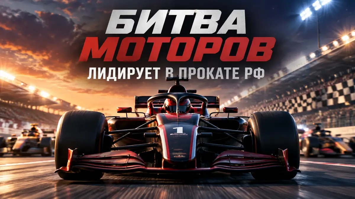 Постер «Битва моторов»: гоночный болид в центре на трассе, огни стадиона и надпись о лидерстве в прокате