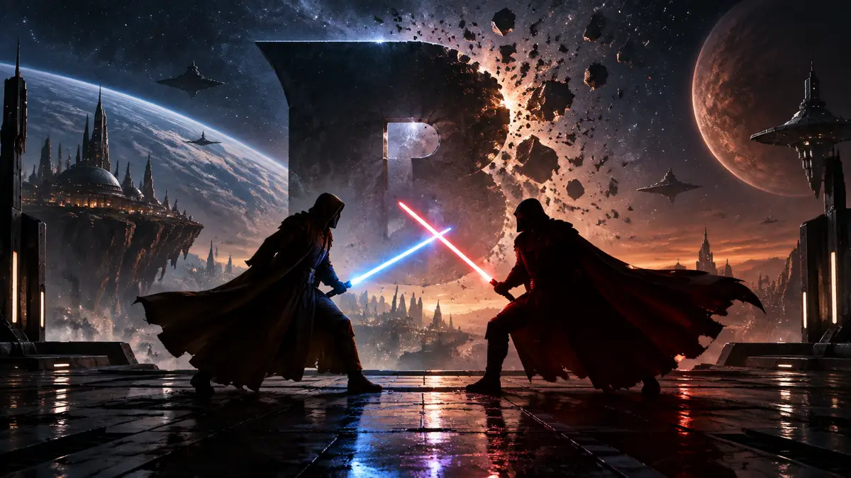 Джедай и ситх из Star Wars: The Old Republic на фоне гаснущего логотипа BioWare в звёздном космосе
