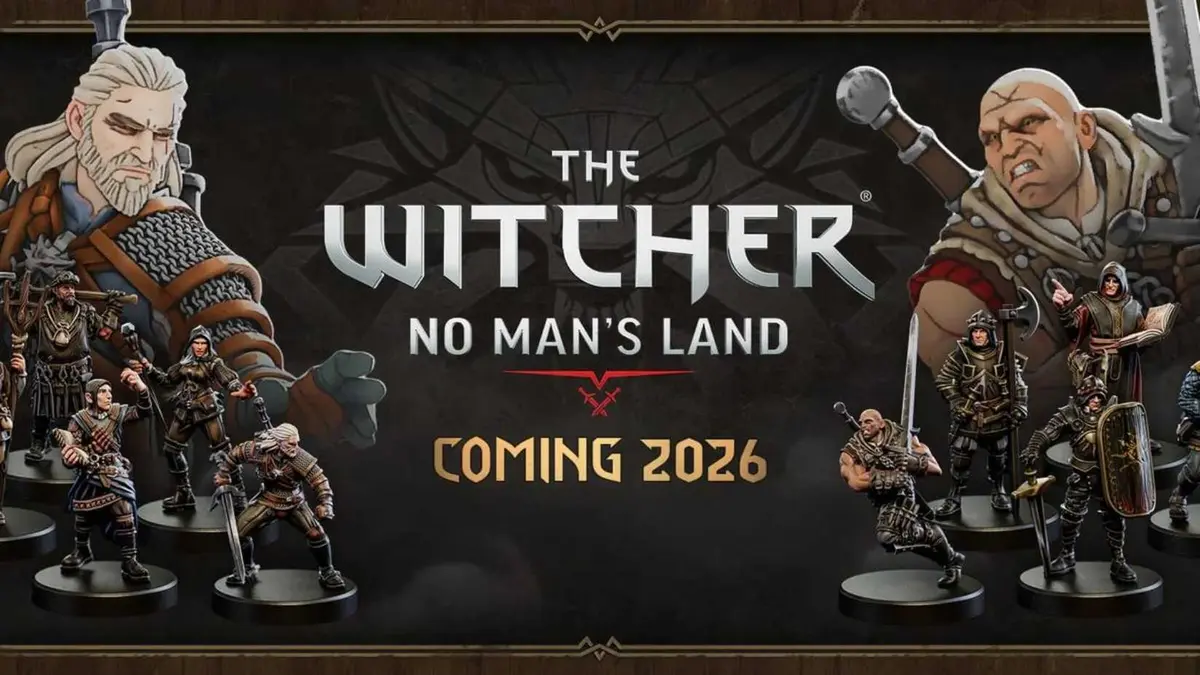 An image of The Witcher: No Man's Land showcasing its release date, title, and assorted miniatures.