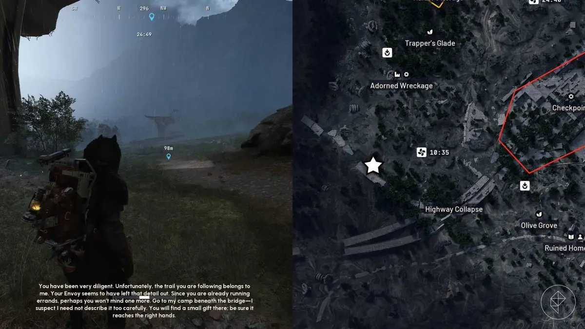 The left-hand side of the image shows the player in Arc Raiders standing in front of the objective for the "A Path Not Yours" quest while the right-hand side of the image shows the location marked on
