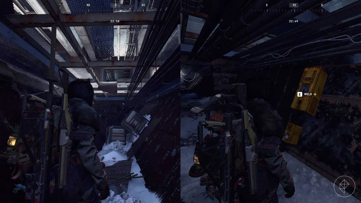 The left-hand side of the image shows the player standing in the crawlspace inside the observatory in Arc Raiders while the right-hand side shows the player standing in front of the wires that need we