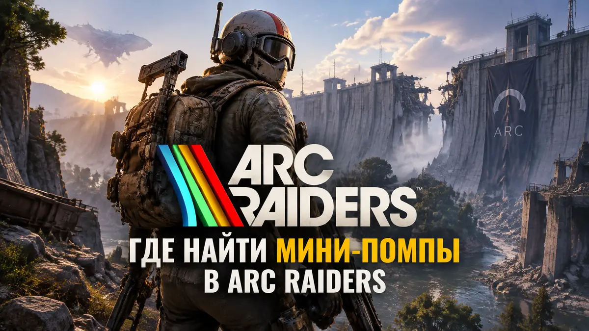 Боец ARC Raiders на фоне разрушенной дамбы Dam Battlegrounds, постер игры