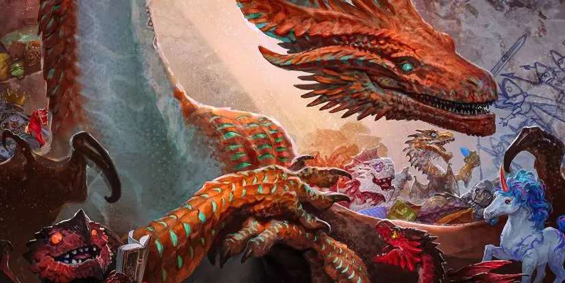 A Copper Dragon cares for chromatic dragon wyrmlings and a unicorn foal in art from the Monster Manual of Dungeons and Dragons.