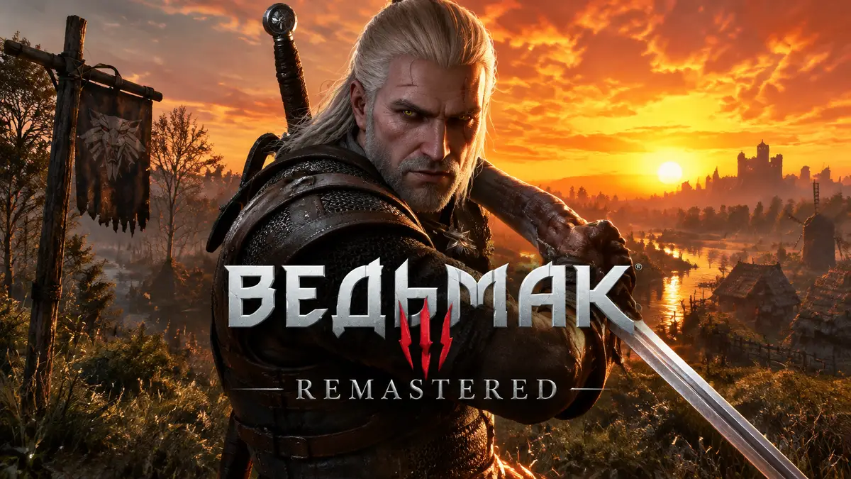 Геральт из The Witcher 3 Remastered с мечом на фоне яркого заката над Велленом, логотип Ведьмака